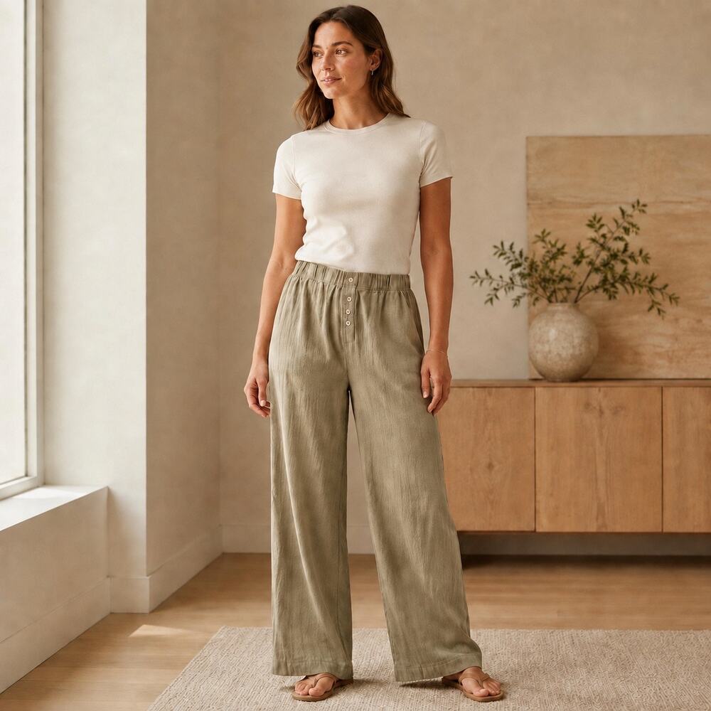 Cozy Luxe LESET Pointelle 100% Cotton Wide Leg Soft Lounge Pants Olive Taupe M